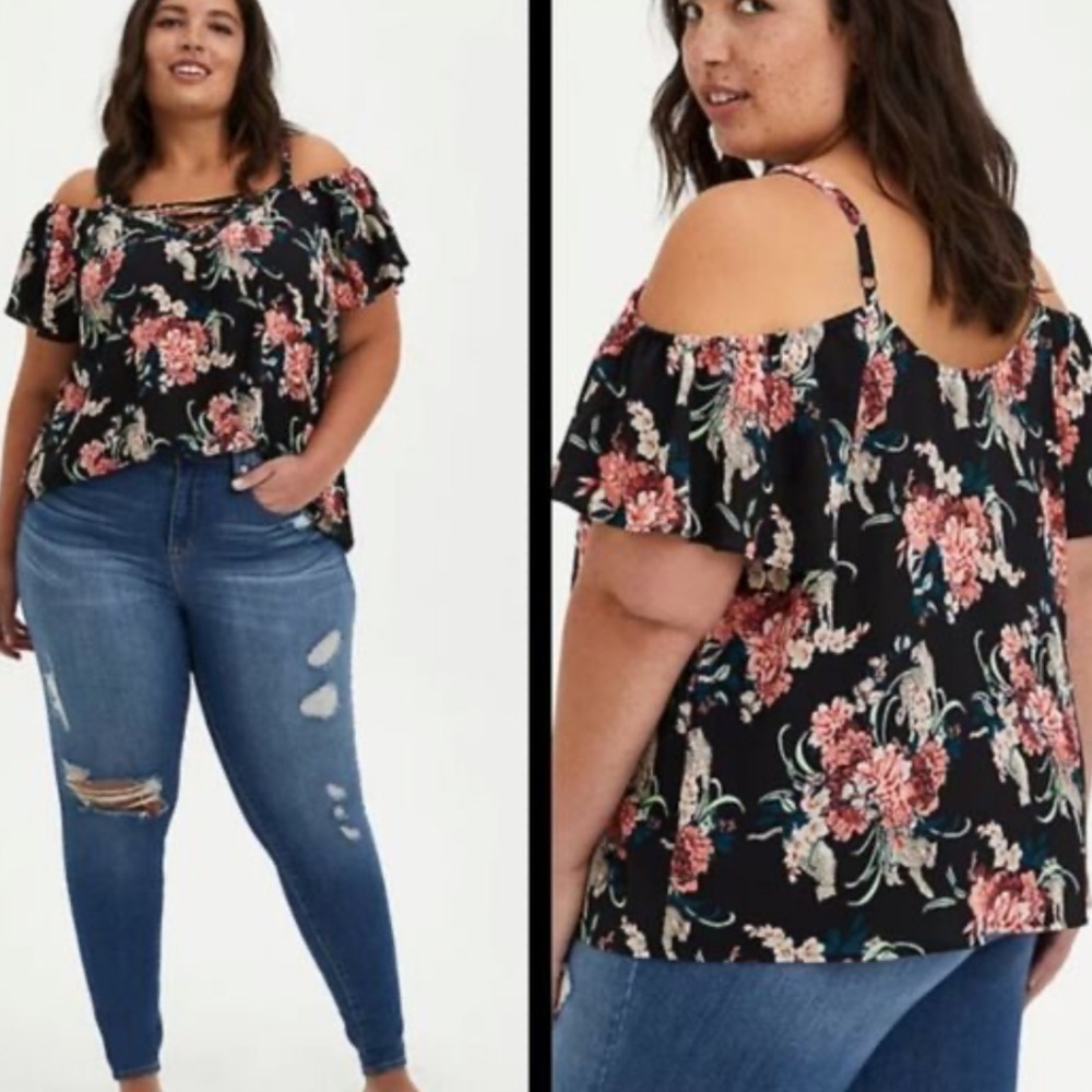 Torrid lace up cold shoulder leopard/floral print blouse size 1X